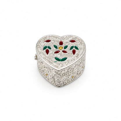 Silver Heart Box Floral Enamel Handcrafted (5.80g)