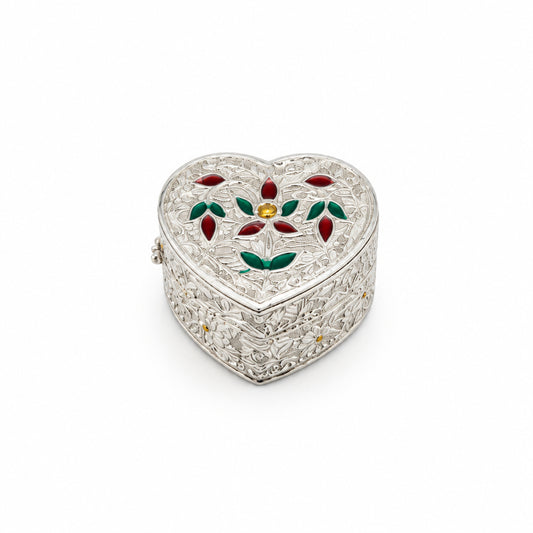 Silver Heart Box Floral Enamel Handcrafted (5.80g)