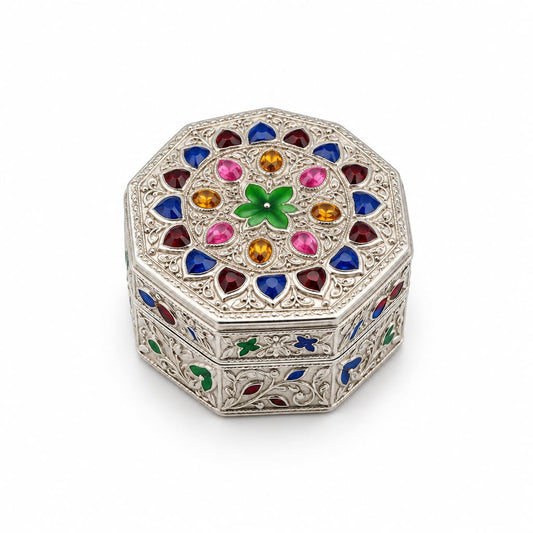 Silver Octagon Box Floral Enamel Handcrafted (13.64g)