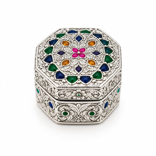 Silver Oval Box Floral Enamel Handcrafted (17g)