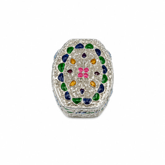 Silver Oval Box Floral Enamel Handcrafted (17g)