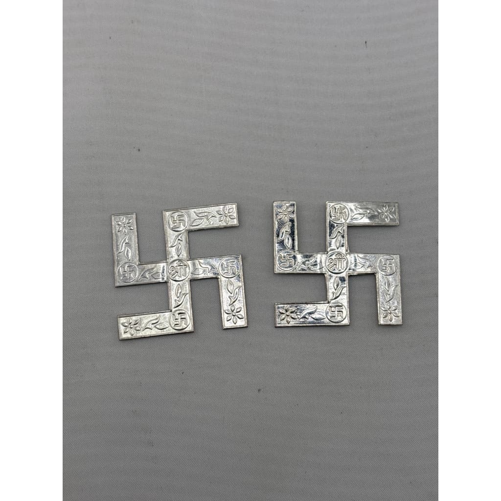 Silver Swastik Set of 2 Pooja Pieces Engraved Handcrafted