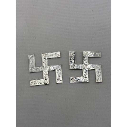 Silver Swastik Set of 2 Pooja Pieces Engraved Handcrafted