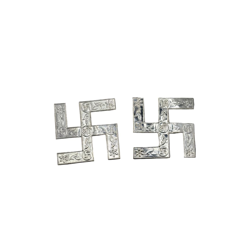 Silver Swastik Set of 2 Pooja Pieces Engraved Handcrafted