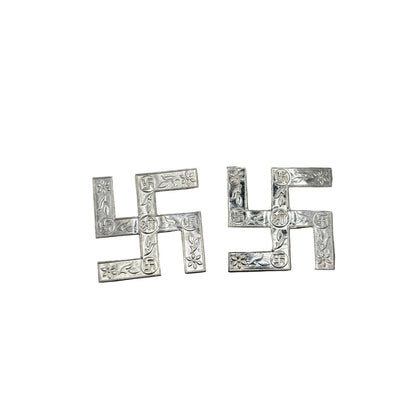 Silver Swastik Set of 2 Pooja Pieces Engraved Handcrafted