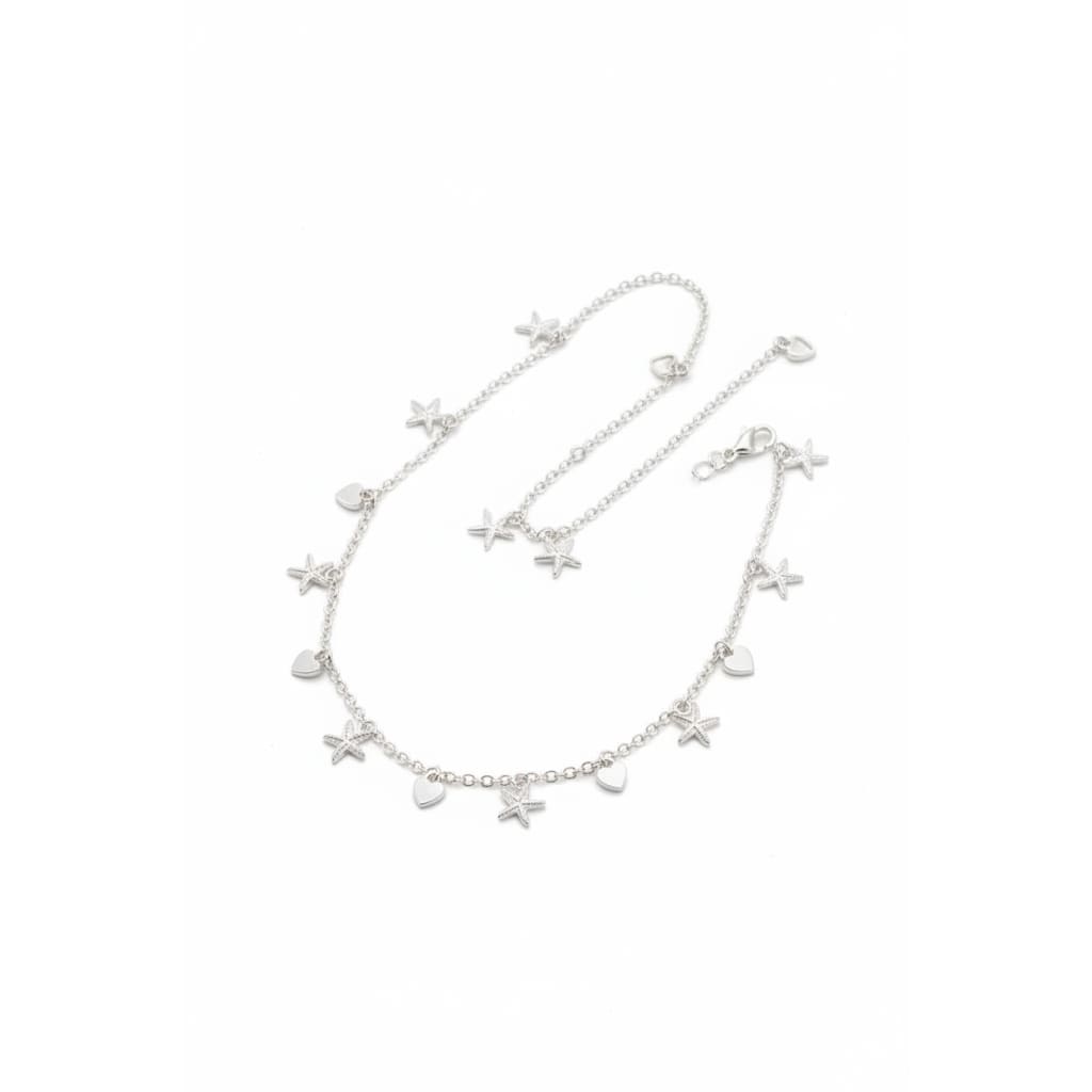 Star Heart Charm Silver Anklet – 99.9% Pure Adjustable