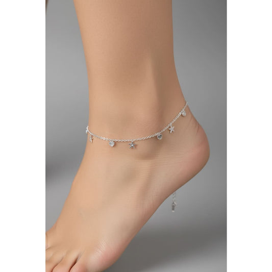 Star Heart Charm Silver Anklet – 99.9% Pure Adjustable
