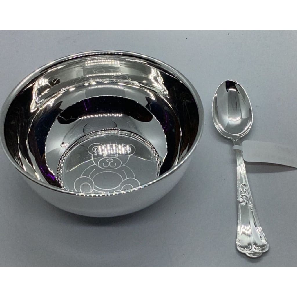 Sterling Silver 925 Teddy bear Bowl and spoon set ~9CM