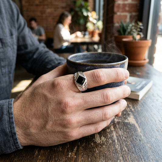 Sterling Silver Onyx Chevron Ring