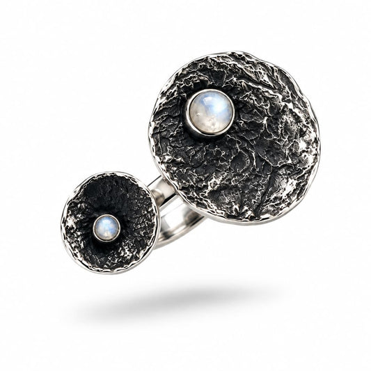 Sterling Silver Oxidized Double Disc Ring with Moonstone