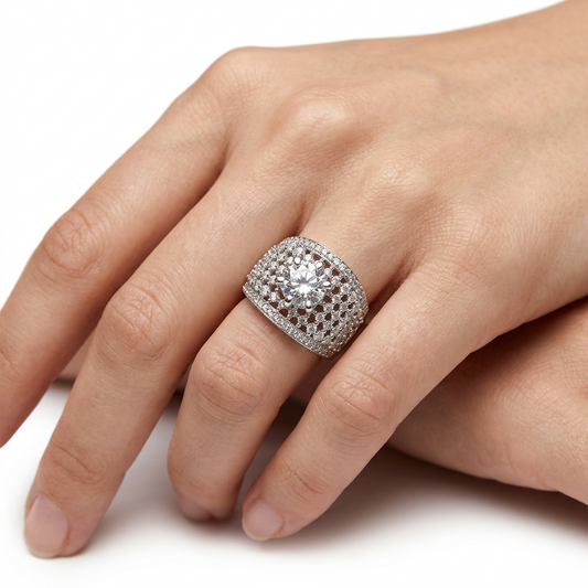 Sterling Silver Pave Halo Dome Ring (7.89g) - Size N