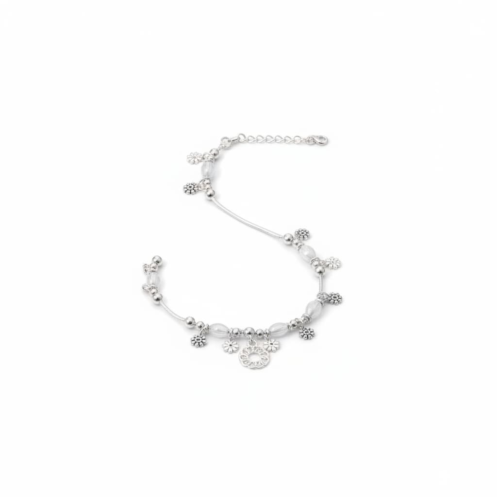 Sunburst Floral Charm Silver Anklet – 99.9% Pure Weight:16g