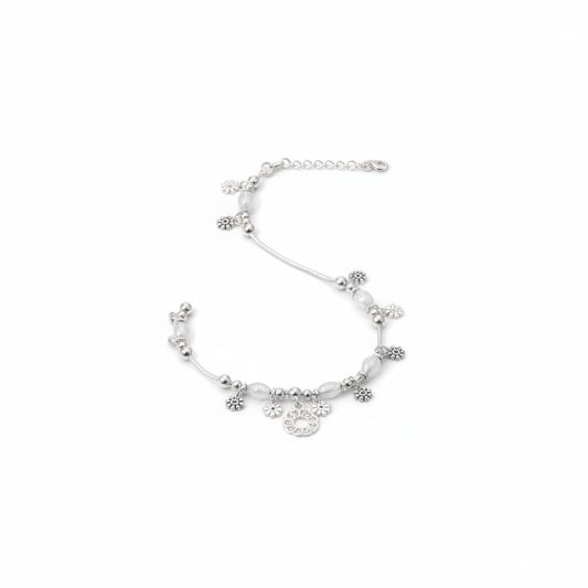 Sunburst Floral Charm Silver Anklet – 99.9% Pure Weight:16g