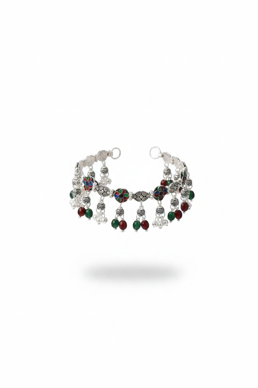 Tribal Floral Charm Silver Anklet – 925 Sterling Silver – Multicolor Stone