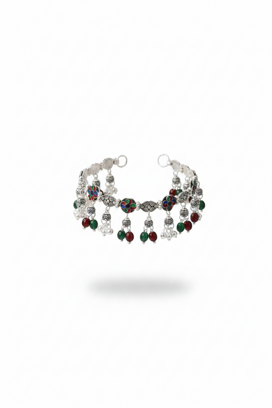 Tribal Floral Charm Silver Anklet – 925 Sterling Silver – Multicolor Stone
