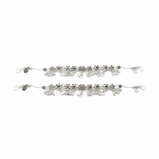 Vintage Charm Cluster Silver Anklet – 99.9% Pure Multicolor