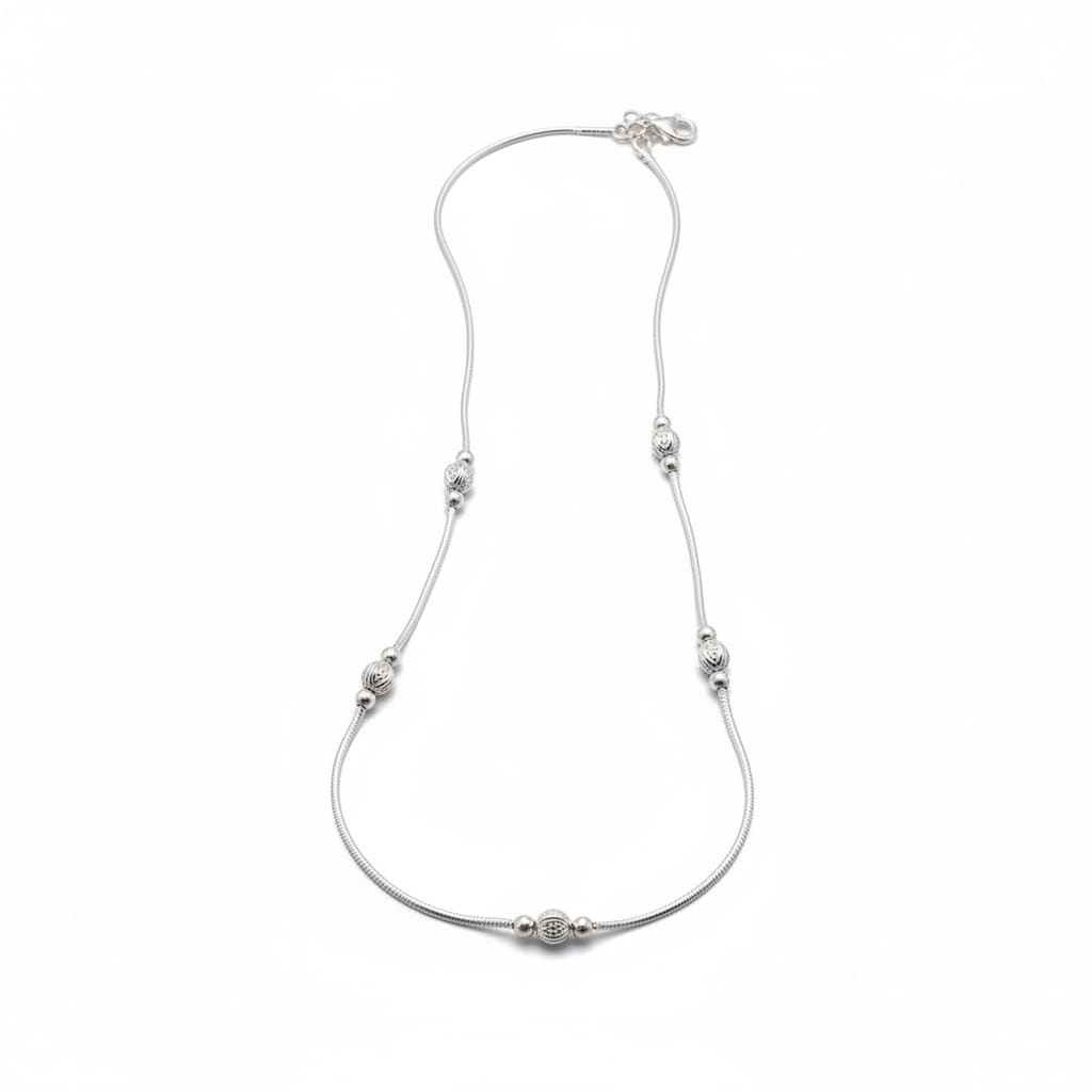 Wave Diamond-Cut Bead Silver Anklet – 99.9% Pure Weight:14g