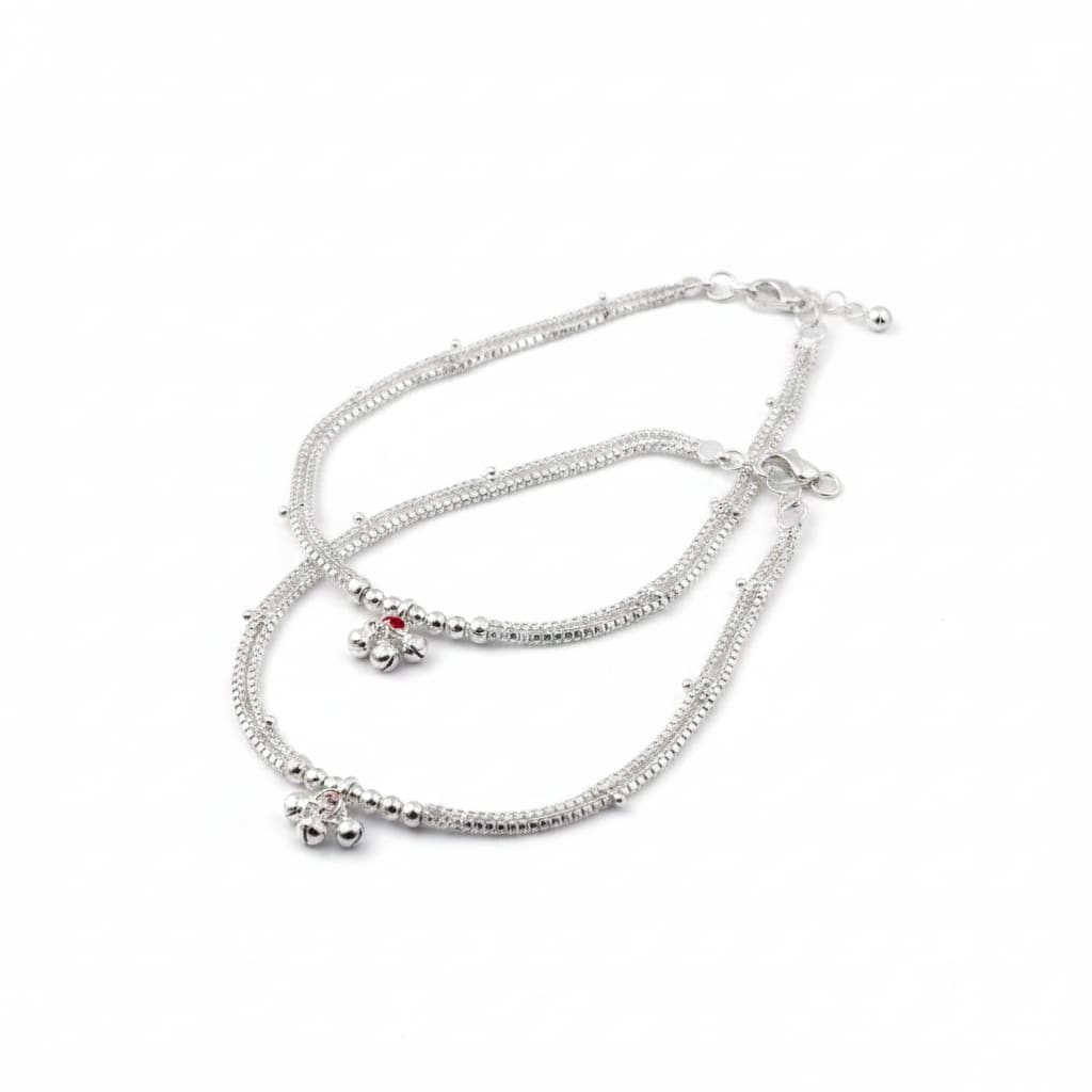 Wave Pattern Bell Silver Anklet – 99.9% Pure Adjustable