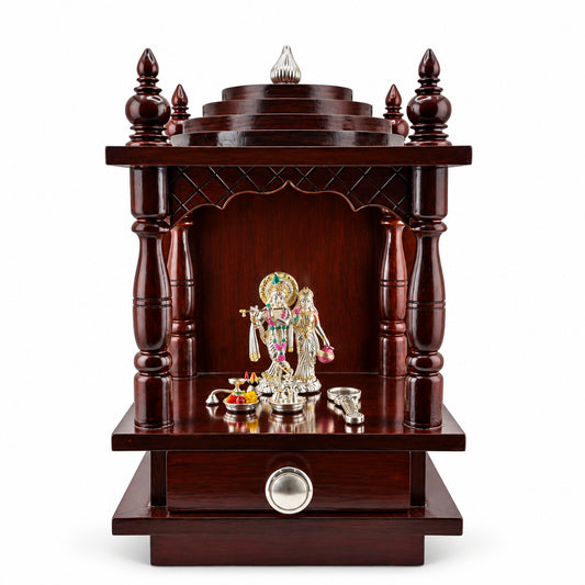 Wooden Pooja Mandir with Silver Radha Krishna Idol Set (55g)