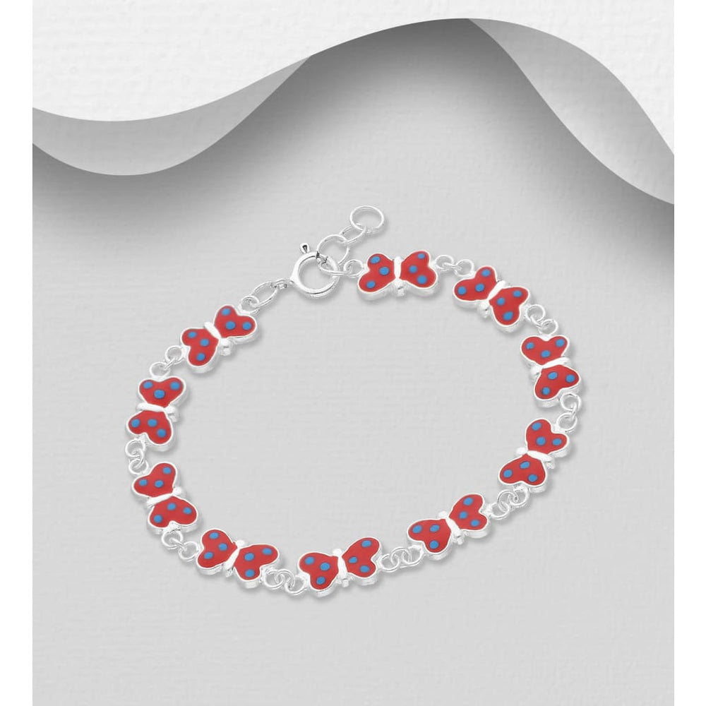 925 Sterling Silver Butterfly Bracelet (Red-6.5inches) - 