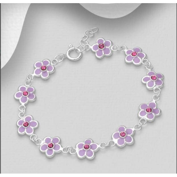 925 Sterling Silver Flower Bracelet (Light Purple) - 