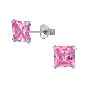 8mm Square Cubic Zirconia Silver Stud Earrings - Pink