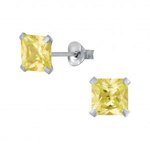 8mm Square Cubic Zirconia Silver Stud Earrings - Yellow