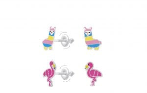 Silver Alpaca and Flamingo Screw Back Earrings Set (23 pairs)