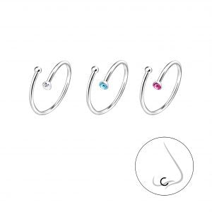 10mm Crystal Silver Nose Ring (White/Blue/Pink)