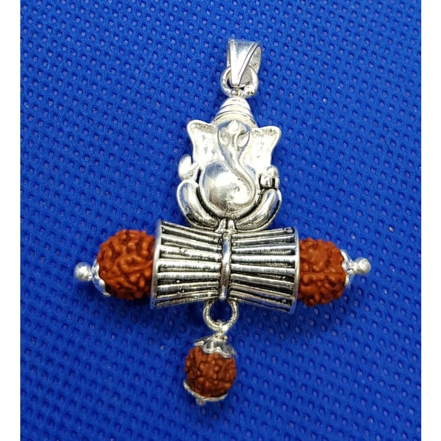 Silver Rudraksh Ganesha & Damru pendant - Pendant