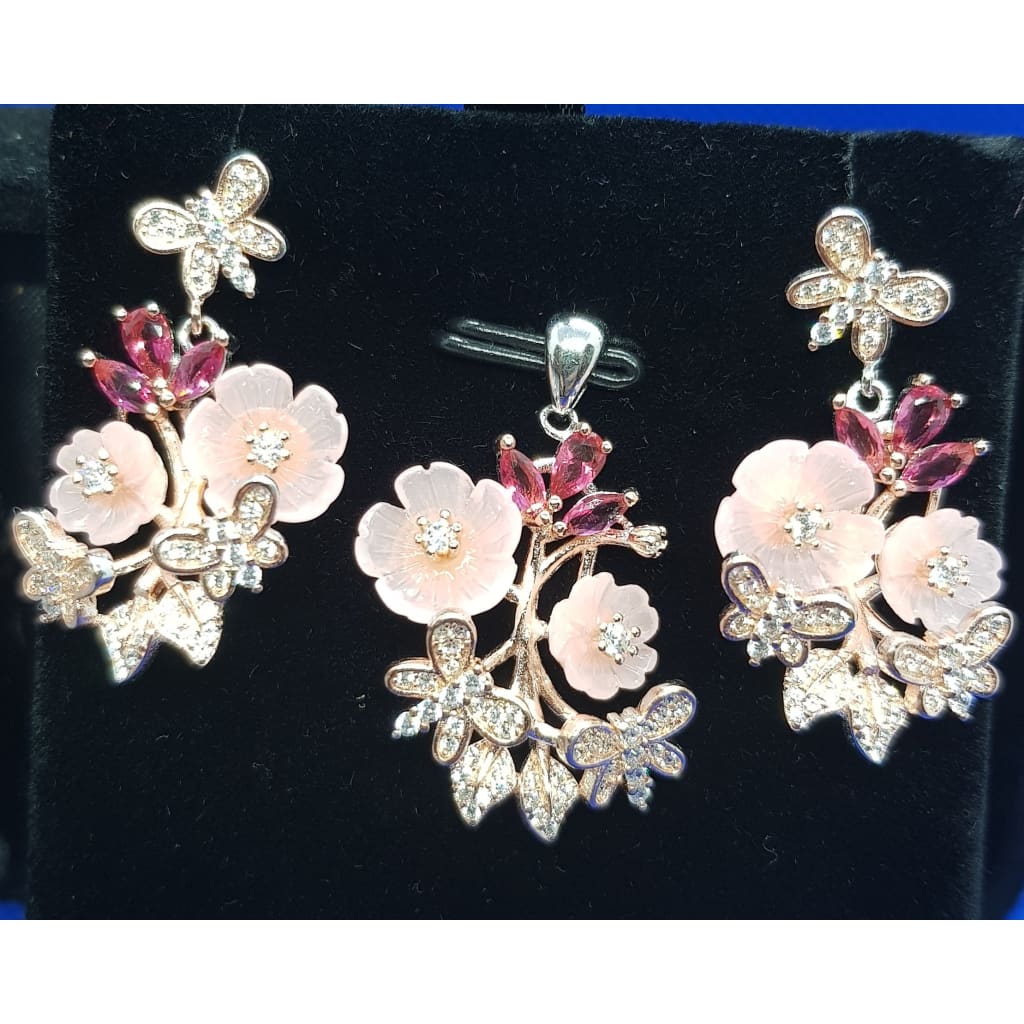 Sterling silver Floral Pendant set Pink