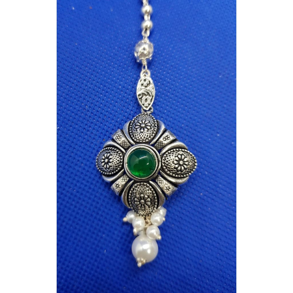 Sterling Silver Maang Tika - Emerald