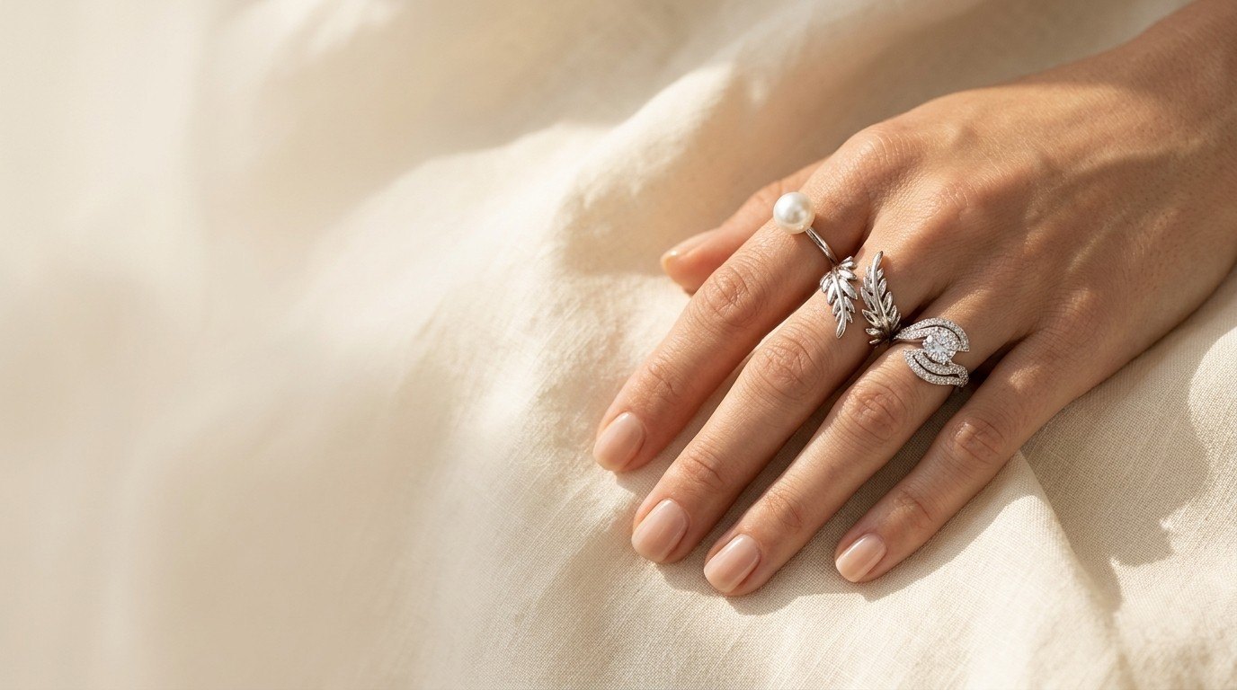 Hand wearing stacked sterling silver rings on cream linen